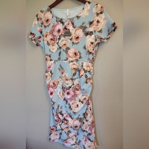 PinkBlush Light Blue Rose Floral Fitted Maternity Dress Size Medium - Picture 14 of 16